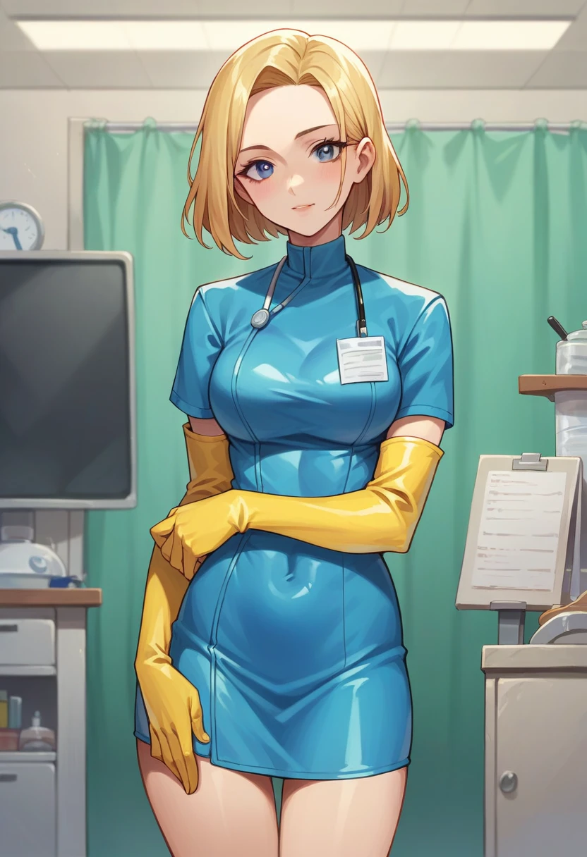 1girl, ((yellow elbow gloves)), ((surgical gloves)), ((latex gloves)), ((long sleeves)) ((blue surgeon outfit)), looking at viewer, ((doctor)), standing, solo