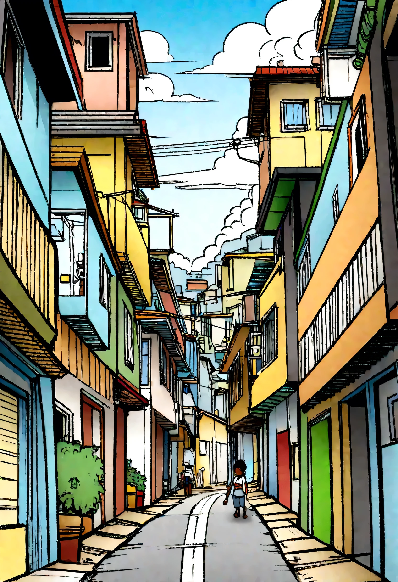 ((animated cartoon)), (panoramic illustration), 2 black children, white  shirt, jeans, on the way to school in the favela of Rio de Janeiro, digitl art, cryalism, criolism