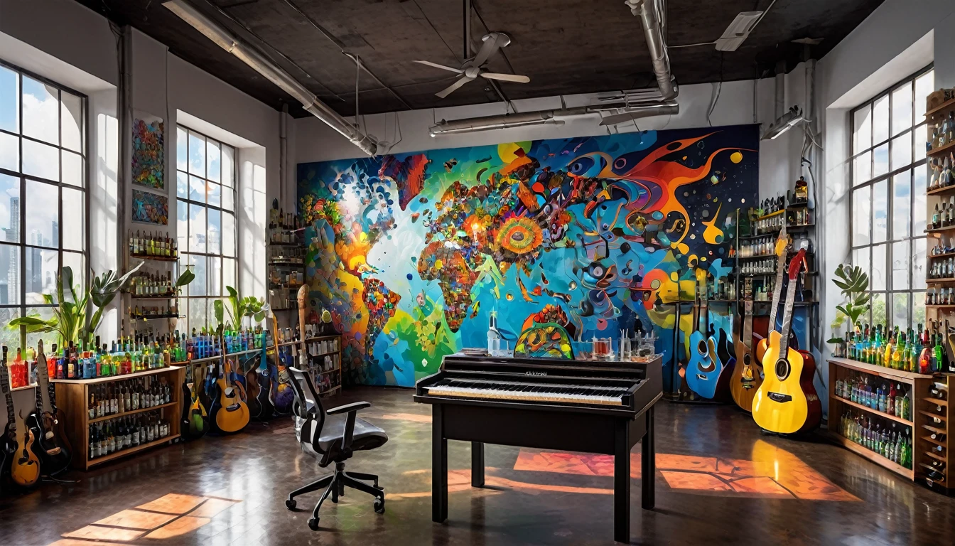 Masterpiece; Guitars and drums in a small science lab(((several science bottles around the room))); (guitars and musical keyboards inside science bottles) World map on the wall. sciencie complete with speakers and glass flasks of chemistry, embody the resilience and tenacity of the scientific community, infused with a bold graphic allure that enlivens the spirit of science. The design penetrates layers of depth, integrating the raw essence and vibrant cores of Rio de Janeiro culture. Brushstrokes that incorporate the fluid energy of graffiti on guitars and acoustic guitars weave around dynamic geometric shapes, adorning the laboratories with an evocative masterpiece that speaks to the heart of the intersection between two diverse worlds. Majestically rendered in high definition and vibrant color, every detail bursts with life, inviting viewers to marvel at the beauty that; by Rembrandt