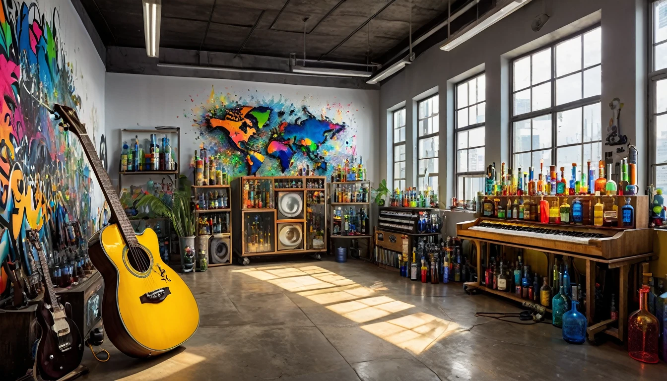 Masterpiece; Guitars and drums in a small science lab(((several science bottles around the room))); (guitars and musical keyboards inside science bottles) World map on the wall. sciencie complete with speakers and glass flasks of chemistry, embody the resilience and tenacity of the scientific community, infused with a bold graphic allure that enlivens the spirit of science. The design penetrates layers of depth, integrating the raw essence and vibrant cores of Rio de Janeiro culture. Brushstrokes that incorporate the fluid energy of graffiti on guitars and acoustic guitars weave around dynamic geometric shapes, adorning the laboratories with an evocative masterpiece that speaks to the heart of the intersection between two diverse worlds. Majestically rendered in high definition and vibrant color, every detail bursts with life, inviting viewers to marvel at the beauty that; by Rembrandt