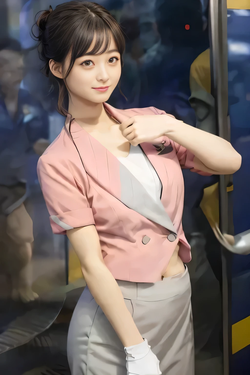 (masterpiece:1.2, Highest quality:1.2), 32k HDR, High resolution, (alone、1 Girl)、 (height: 160cm)、（On the roof of a building in the daytime、Professional Lighting）、Building rooftop background、（Nankai train crew uniform pinkを着たリアルスタイル）、（Nankai Railway crew uniform, pink, short sleeve, collarless, pink jacket、Nankai Railway crew uniform pink no-collar short-sleeve blouse、Nankai Railway crew uniform, pink grey, knee-length culottes）、（A pink jacket peeks out from under the culottes.）、Dark brown hair、（Hair tied up、Hair tied up、Evening curly hairstyles）、Dark brown hair、Long Shot、Big Breasts、Thin legs、（（Great hands：2.0）），（（Harmonious body proportions：1.5）），（（Normal limbs：2.0）），（（Normal finger：2.0）），（（Delicate eyes：2.0）），（（Normal eyes：2.0））)、smile、（Nankai Railway crew uniform, pink grey, knee-length culottesを見せた美しい歩く姿）、Place your hands around your stomach、Strap Employee ID Card