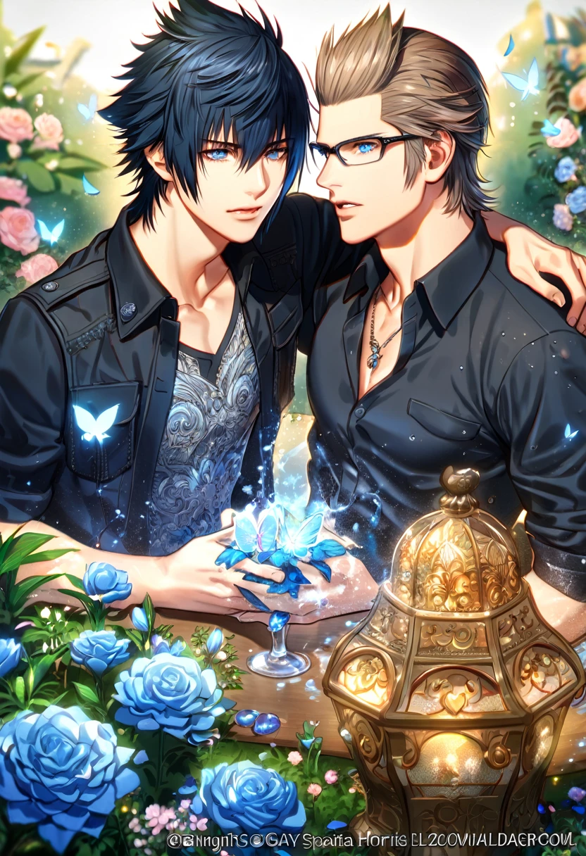 absurdres, highres, ultra detailed, HDR, master piece, best quality, extremely detailed, Noctis Lucis Caelum, black hair, expressive blue eyes, Final Fantasy XV, Ignis Scientia, brown hair, expressive brown eyes, two sexy men together, gay couple, yaoi, handsome, black clothes, fantasy, magic, sparkling, water, glass, blue moon, blue flowers, blue butterflies, blue petals, garden