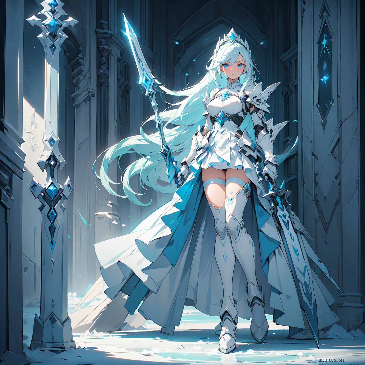 (((masterpiece, best quality, high detailed, 8k))) Design a layout showcase Gaming character, (1girl). Blue|White clothes, stylish and unique. ((showcase weapon:1.4)), ice spear. (masterpiece:1.2), (best quality), 4k, ultra-detailed. (Step by step design, layout art:1.5), (luminous lighting, atmospheric lighting). ice queen, ((glove full hands)), (((revealing clothes:1.3))), vambraces, armored legwear, (((full_body_shot:1.4))). {On a frozen lake}.