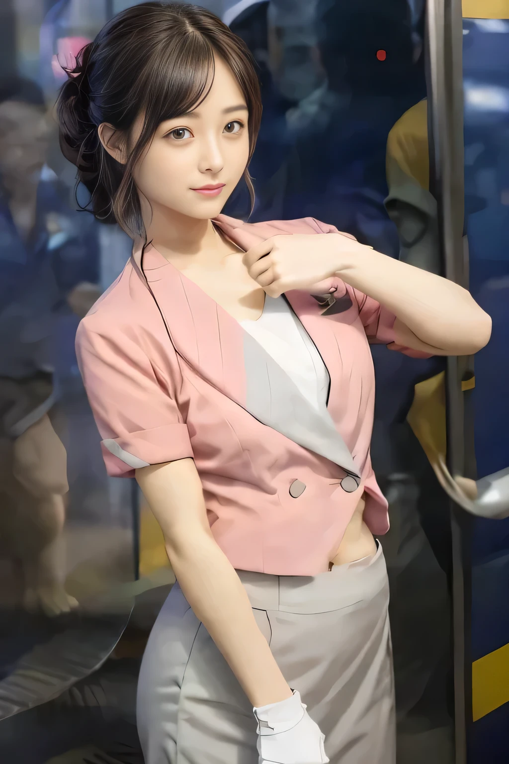 (masterpiece:1.2, Highest quality:1.2), 32k HDR, High resolution, (alone、1 Girl)、 (height: 160cm)、(On the roof of a building in the daytime、Professional Lighting)、Building rooftop background、(Nankai train crew uniform pinkを着たリアルスタイル)、(Nankai Railway crew uniform, pink, short sleeve, collarless, pink jacket、Nankai Railway crew uniform pink no-collar short-sleeve blouse、Nankai Railway crew uniform, pink grey, knee-length culottes)、(A pink jacket peeks out from under the culottes.)、Dark brown hair、(Hair tied up、Hair tied up、Evening curly hairstyles)、Dark brown hair、Long Shot、Big Breasts、Thin legs、((Great hands:2.0)),((Harmonious body proportions:1.5)),((Normal limbs:2.0)),((Normal finger:2.0)),((Delicate eyes:2.0)),((Normal eyes:2.0)))、smile、(Nankai Railway crew uniform, pink grey, knee-length culottesを見せた美しい歩く姿)、Place your hands around your stomach、Strap Employee ID Card