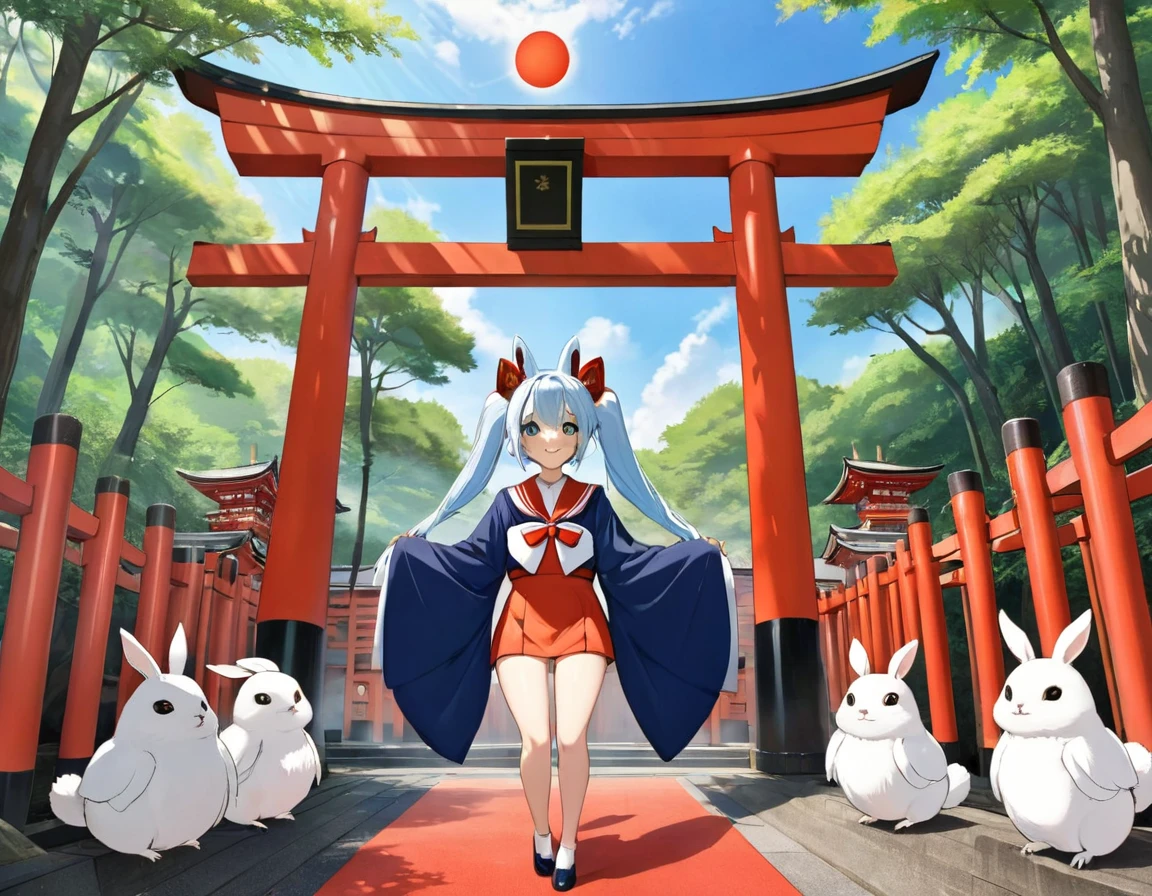 Squirrels and rabbits、white owl flying、Light blue long hair、Beautiful girl with twin tails、Red Torii Gate、A girl prays at a shrine in a forest of fresh greenery,Sailor suit、The girl is depicted large in the center、Bright smile、blue sky、Fushimi Inari Shrine、Many torii gates、