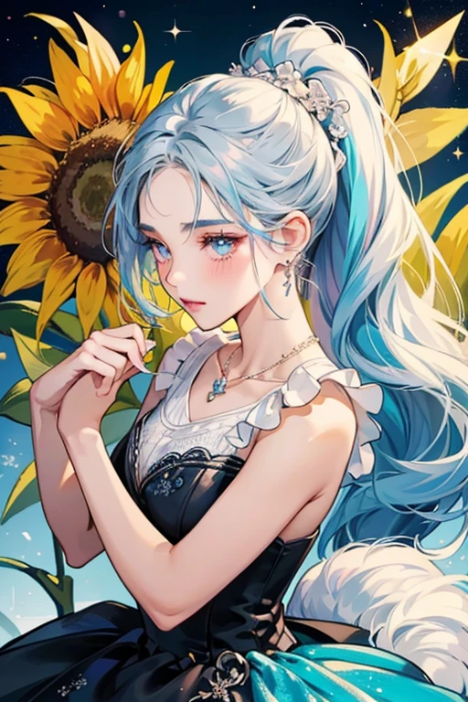 She is a thin, tan skinned girl. Her hair is tied half up half down in a ponytail, and she has grey hair on top of her head, and underneath she has baby blue hair. She wears black and white sparkly  she has brown eyebrows, and roses pink blush and glossy lipstick. Her tail is holographic with many details such as ties, and her fin is ruffled along with sparkly edges.

She wears a sunflower lace dress with many different colored flowers on it, and she wears pearl dangly earrings and a golden heart necklace. Her outfit is very simple and elegant.  SPARKLE; GLITTER