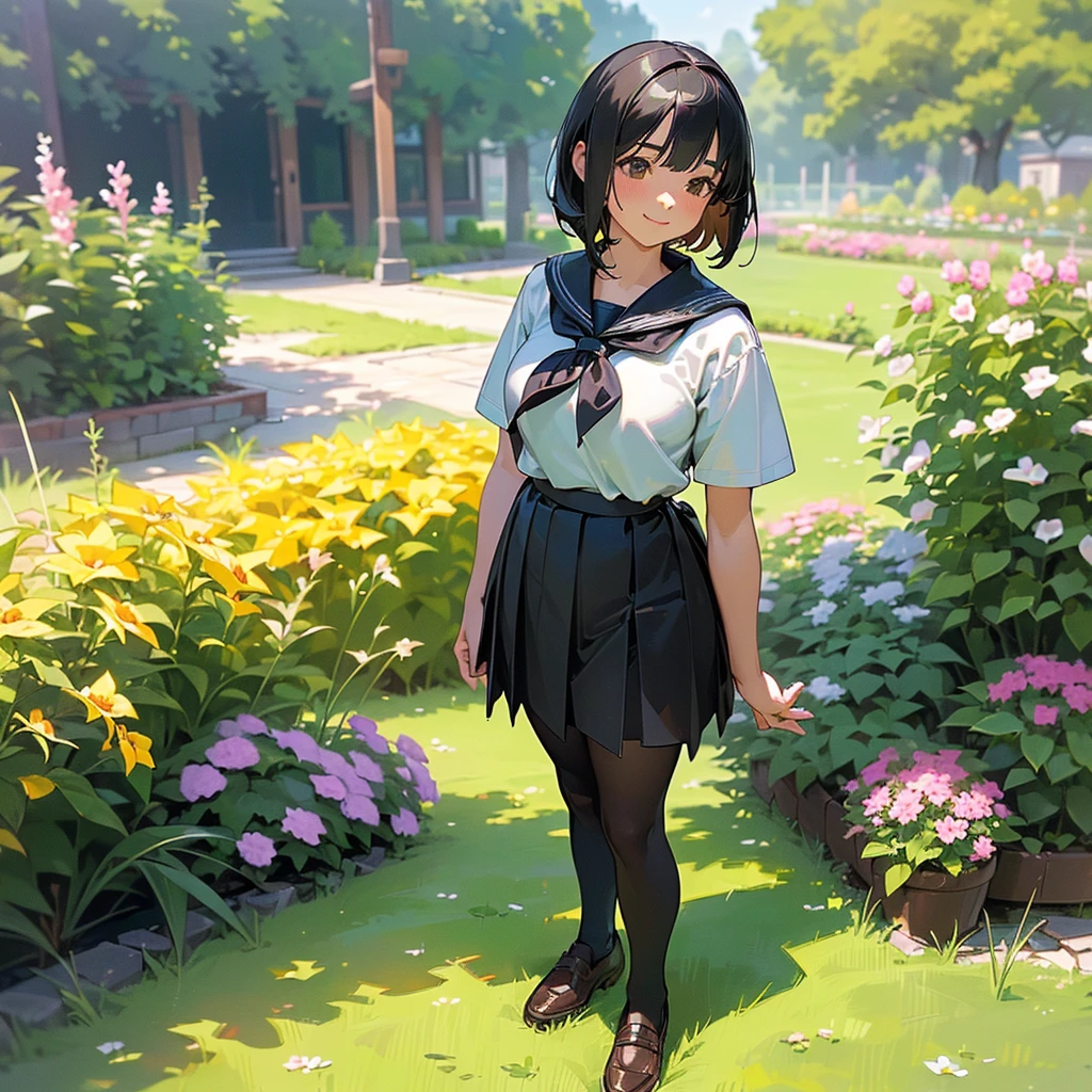 (Highest quality, High resolution, Super detailed, Realistic:1.37), Peaceful atmosphere, (Outdoor, garden), Teenage girl standing alone,(my breasts are big.),Beautifully detailed features, Cute Smile, ((Black bob hair)),Short-sleeved sailor uniform, Pleated skirt,Black tights,Brown leather shoes.