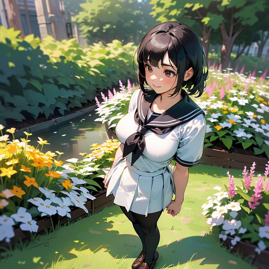 (Highest quality, High resolution, Super detailed, Realistic:1.37), Peaceful atmosphere, (Outdoor, garden), Teenage girl standing alone,(my breasts are big.),Beautifully detailed features, Cute Smile, ((Black bob hair)),Short-sleeved sailor uniform, Pleated skirt,Black tights,Brown leather shoes.
