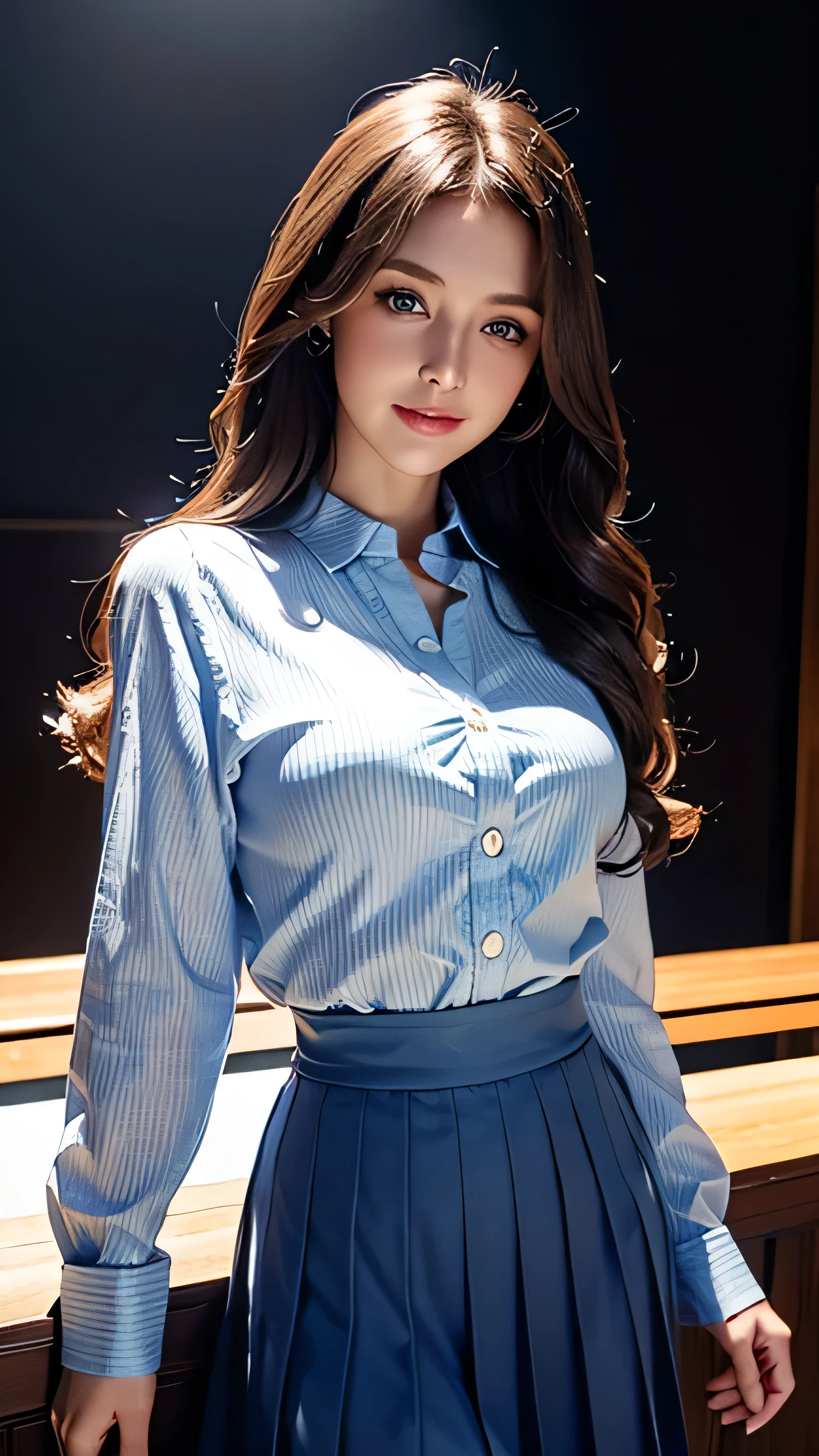 blue eyes、bionde、Full body photo、Sexy Face、Long straight hair_Hair reaching down to the waist、 Complete look、(((masterpiece)))、((Highest quality))、((超Realistic))、Mature woman、Mature woman、perspective、Very detailed、The perfect temptation、Best image quality、Fine-grained image quality、beautiful、Europe, woman, French, woman Italian, Italian, smile、blue eyes、jewelry, blue eyes, Realistic, High resolution, Glowing Skin, (Detailed face),jewelry, , night, bionde, Wavy Hair,Attractive appearance, smile,white long sleeve button up blouse_brown pleated mini skirt、