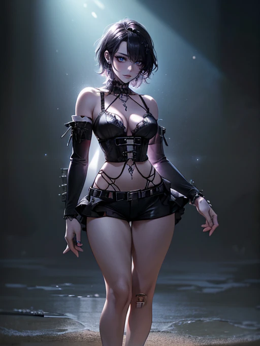 (masterpiece:1.2, highest quality), (realistic, photorealistic:1.4), beautiful illustrations, (natural side lighting, movie lighting),
looking at the viewer, Upper body, (Front view), 1 girl, perfect face, Cute symmetrical face, shiny skin, baby face, long eyelash, (large breasts), (wide hips:1.5),short cut hair,
beautiful hair, beautiful face, detailed and beautiful eyes, beautiful body, beautiful breasts, beautiful thighs, beautiful feet, beautiful fingers,
(beautiful scenery),(cute smile:1.3, upper eye), 18yo,pale skin,a woman in black corset and goth hair, with piercings, 1girl, solo, black hair, short hair, ring,(pierce:1.5),(punk style:1.5),(gothic dress),(black lips:1.7),side layered skirt,black bra,(gulp down blood from one's mouth:1.2)
