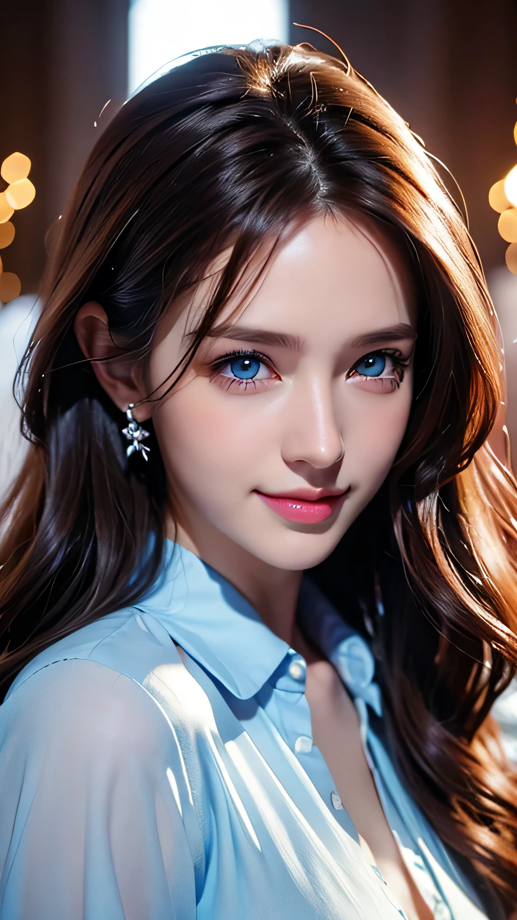 blue eyes、bionde、Full body photo、Sexy Face、Long straight hair_Hair reaching down to the waist、 Complete look、(((masterpiece)))、((Highest quality))、((超Realistic))、Mature woman、Mature woman、perspective、Very detailed、The perfect temptation、Best image quality、Fine-grained image quality、beautiful、Europe, woman, French, woman Italian, Italian, smile、blue eyes、jewelry, blue eyes, Realistic, High resolution, Glowing Skin, (Detailed face),jewelry, , night, bionde, Wavy Hair,Attractive appearance, smile,white long sleeve button up blouse_brown pleated mini skirt、