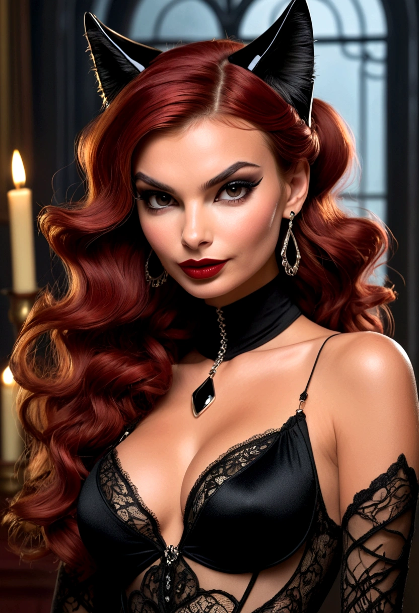 Full body shot Emily Ratajkowski catwoman, ringlets wavy five feet long red hair, updo hairstyle with ponytail on one side and long hairpins holding the bun long braid, strong thighs, dark red glossy lips, heavy black eye shadow long black eyeliner, long sharp claws, black lace beautiful and creative catwoman bodysuit with no jewels, huge cleavage, clear ears no earrings, no earrings, no earrings, no earrings, no jewels, beautiful forehead lace ornament, posing in a feminine catwoman den, happy expression, dark ambience night time candle lights. No faces on her chest!
