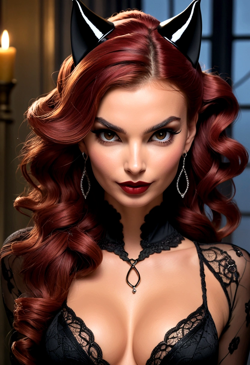 Full body shot Emily Ratajkowski catwoman, ringlets wavy five feet long red hair, updo hairstyle with ponytail on one side and long hairpins holding the bun long braid, strong thighs, dark red glossy lips, heavy black eye shadow long black eyeliner, long sharp claws, black lace beautiful and creative catwoman bodysuit with no jewels, huge cleavage, clear ears no earrings, no earrings, no earrings, no earrings, no jewels, beautiful forehead lace ornament, posing in a feminine catwoman den, happy expression, dark ambience night time candle lights. No faces on her chest!