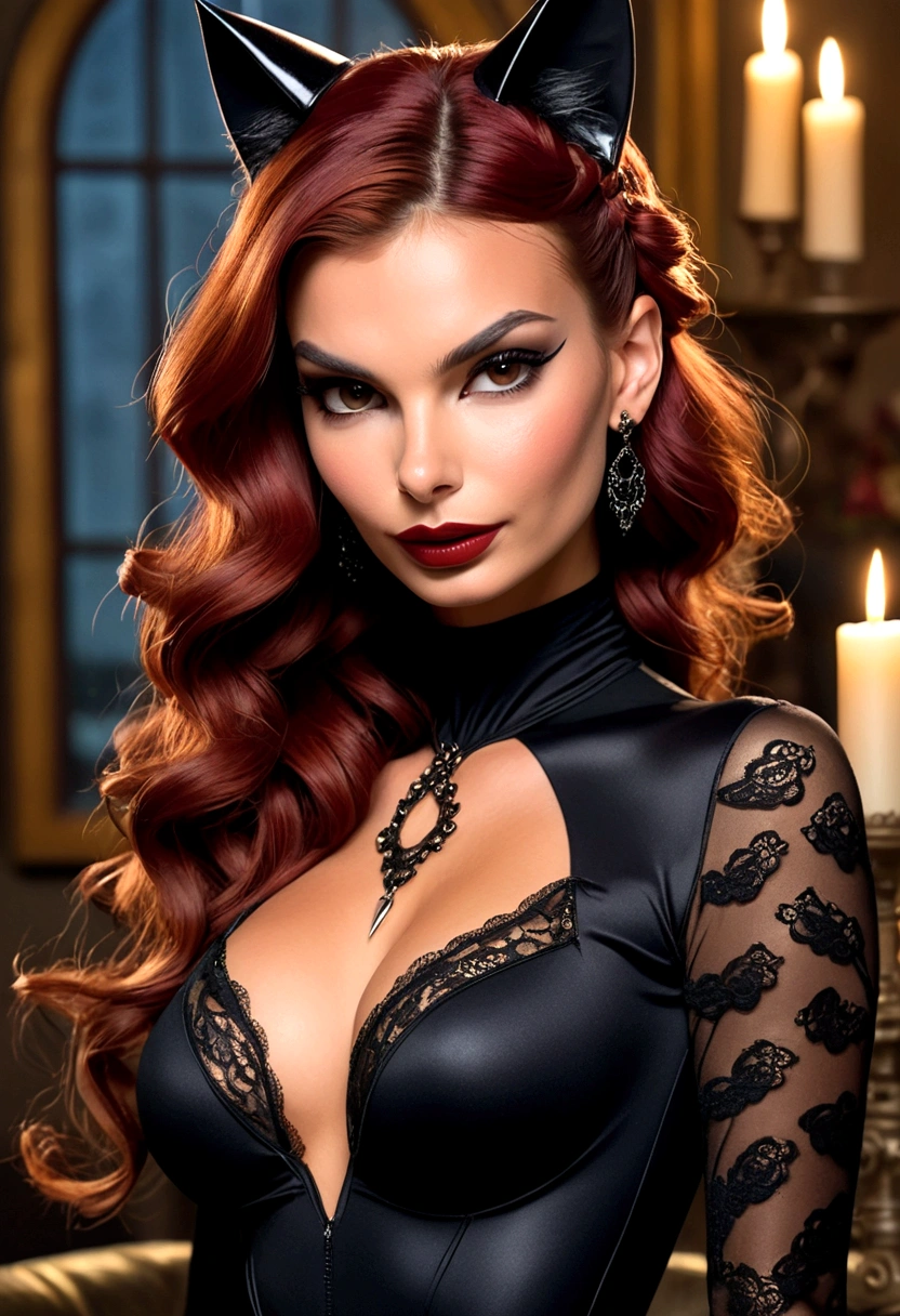 Full body shot Emily Ratajkowski catwoman, ringlets wavy five feet long red hair, updo hairstyle with ponytail on one side and long hairpins holding the bun long braid, strong thighs, dark red glossy lips, heavy black eye shadow long black eyeliner, long sharp claws, black lace beautiful and creative catwoman bodysuit with no jewels, huge cleavage, clear ears no earrings, no earrings, no earrings, no earrings, no jewels, beautiful forehead lace ornament, posing in a feminine catwoman den, happy expression, dark ambience night time candle lights. No faces on her chest!