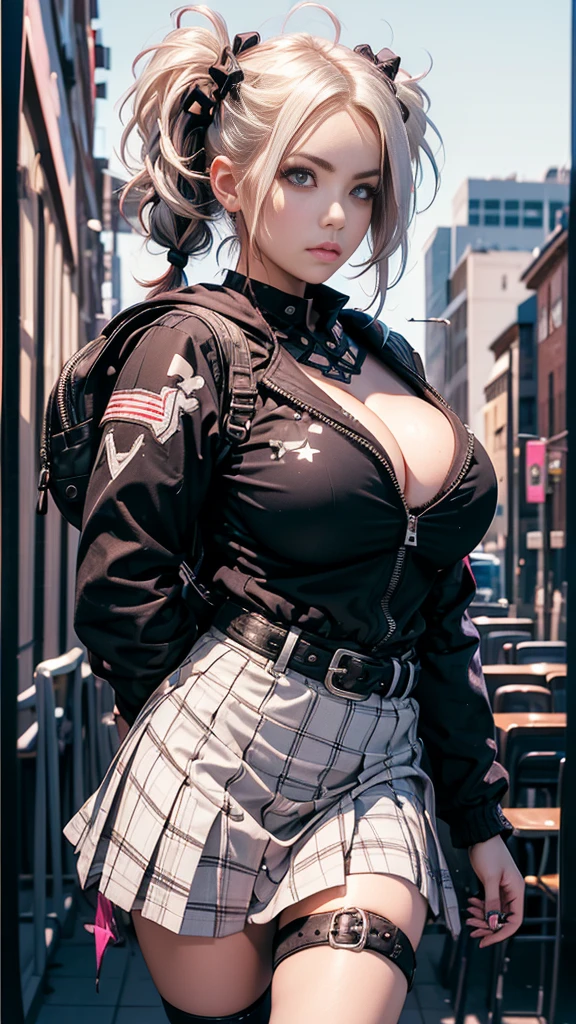 (((of the highest quality: 1.4))),(unparalleled masterpiece ever), (Ultra high definition),(Ultra-realistic 8K CG), offcial art、 (((adult body, accentuated super huge enormously gigantic tits, cleavage showing))), (((1girl in))), ((( very long hair in pigtails ))), Punk girl with a perfect body, school girl uniform school girl skirt and backpack with lots of straps buckles and zippers,Beautiful and well-groomed face,Fancy makeup,Detailed punk fashion,school girl uniform and school girl skirt, (Image from head to thigh),((Platinum white hair )), Harajuku-inspired hooded jacket, Simon Bisley's urban savage style,Detailed street background of school classroom,Clean abs, Complex graphics, dark pink with white stars and gray and white stripeany poisonous tattoos )), piercings,