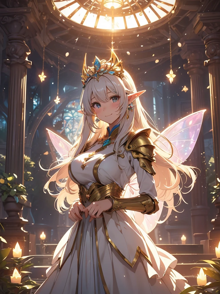 最high quality、1woman elf 、Beautiful foam、、CourtyardShining fairy wings、Flower fractal art　　、see-throughbodystocking,Beautiful side shot, radiance,High-definition depiction, Realistic, 8K, Unity, beautiful Shot, light smile, Beautifully and vividly drawn, , Beautiful, beautiful, clear skin、sexly,beautiful dress,Countless rays of light pouring down, Swirling Light, big background, Raise one arm above your head, Intense light is emitted from the magic circle in front of the girl.   forest、Lots of leaves、green leaves、flower、Particles of light、Bedroom at night、Magic Palace、Fairy tale、
Romanticism,Cowboy Shot: The most beautiful form of chaos, Mr..々colour, Intertwined flowers, Particle,magical gentle light,smile,sexly,image quality、masterpiece、Beautiful Face、Super beautiful elf woman((Big breasted 22 year old office lady、Bust 100,Beautiful long ironed hair 、bionde hair,height: 165cm。、sexly、ANDsbian、、high quality、、Visual art、Written boundary depth、、ANDlf ANDars、、universe、Happy smile、gentle light、ANDlf forest、elegant、ticker beautiful decorative、、magic、forest、beautiful tiara、Beautiful bed、Beautiful Landscape、A kind smile、wonderful、Fluttering petals、Dance happily、、Cultivate fantasy、、Mystery light　Lots of flowers、、art、forest, palace, art,mystery,Ultra-high resolution,atmosphere A colorful and dreamy anime-style illustration of a young girl with beautiful hair,美しい森. She is wearing a casual outfit with mechanical leg armor, surrounded by a kaleidoscope of colors and glowing lights. The background is filled with whimsical details and a magical atmosphere. --ar 3:4 --style raw --stylize 600 --niji 6、Throne
