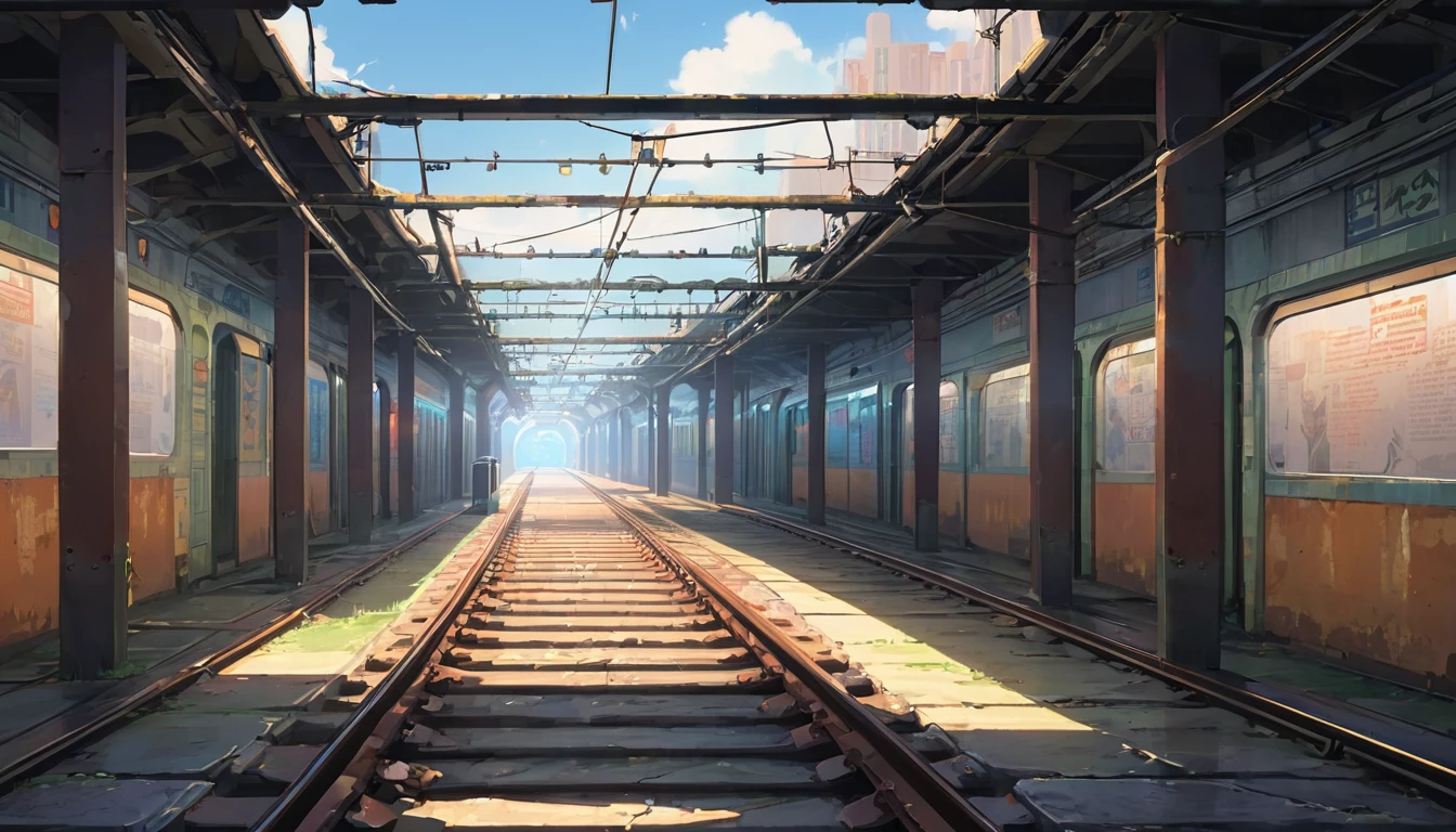 Create an image of an abandoned subway station, with rusty rails, Faded posters on the walls and beams of light filtering through cracks in the ceiling.  por Makoto Shinkai, ( ( makoto shinkai ) ), anime background art, anime backgrounds, makoto shinkai&#39;conceptual artwork, tumblr, magical realism