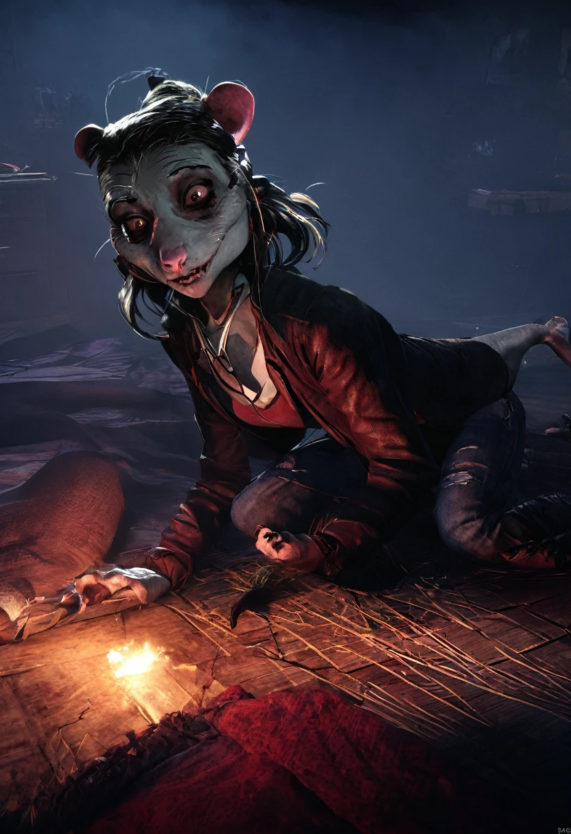 A rat woman, playing Dead By Daylight on a gaming computer