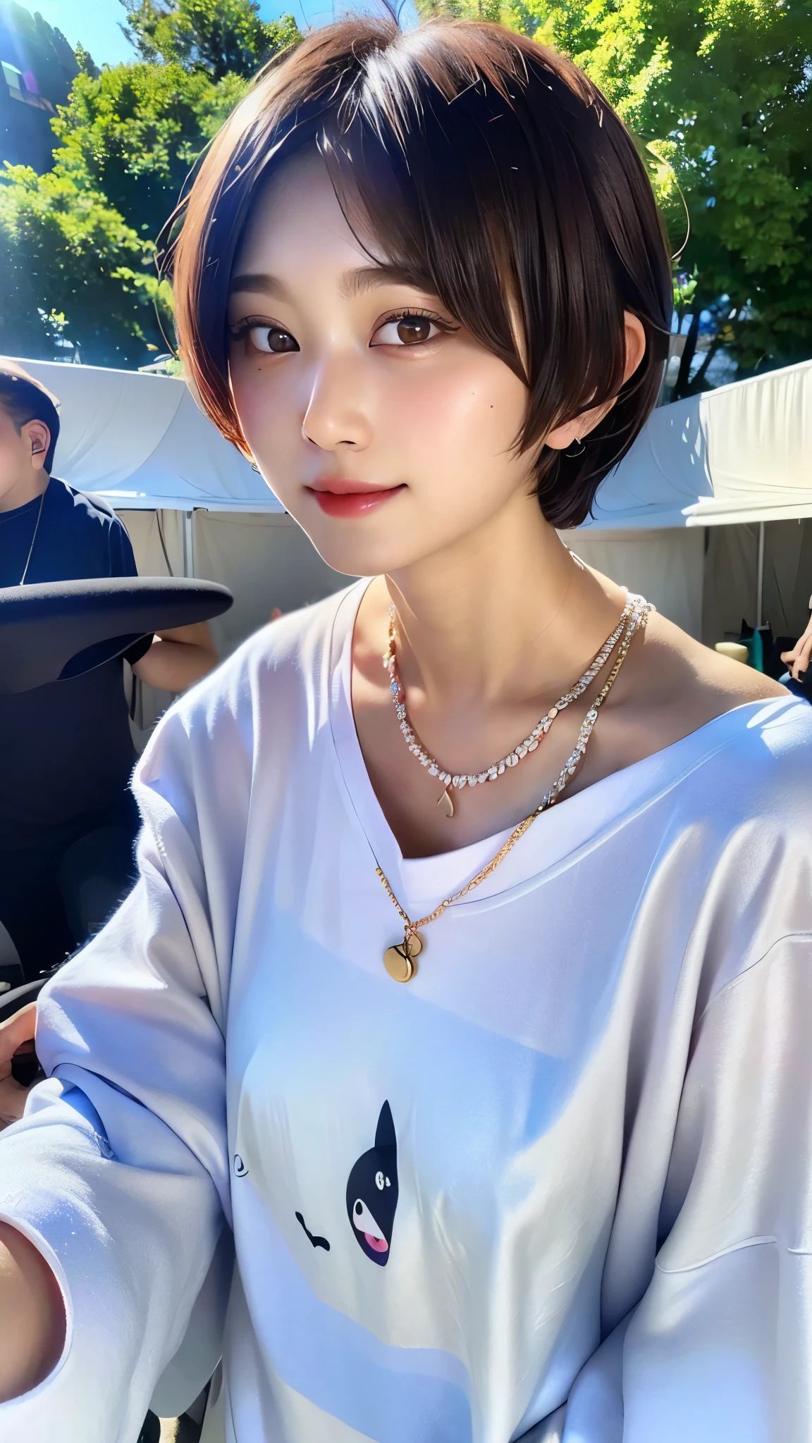 ((highest quality))、(masterpiece:1.4)、Raw photo、、((best image quality))、 ((High resolution))、Beautiful face in every detail、realistic human skin、gentle expression、(one woman:1.3 )、realistic、Photoreal、(extra belly short hair:1.4)、(Beautiful woman)、(cute japanese girl)、(boyish:1.35)、((mannish))、((Beautiful woman))、(beautiful hair)、((dark brown hair))、(((red cheeks)))、((she has big eyes))、 year old beauty、(She has a small face:1.7)、small head、((long neck))、white skin、spotless skin、With bangs、Everyone longs for、Beautiful woman in Japan、Eight-headed height、(((date)))、((she))、(necklace)、(music festival:1.4)、blue sky、looking at camera、(concert t-shirt)、smile、(oversized clothes:1.3)、happy look、