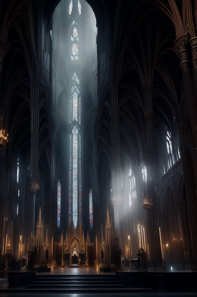 (best quality,4K,8K,height,Masterpiece:1.2),dark fantasy,บรรยากาศเหมือน Dark Souls,Fight bosses with dynamic battles,Detailed atmosphere,moonlight scene,Two swords.,terrible atmosphere,cathedral,holy temple,Inside the temple,altar, man in black robe, ยืนอยู่กลางcathedral , The man looked mysterious.