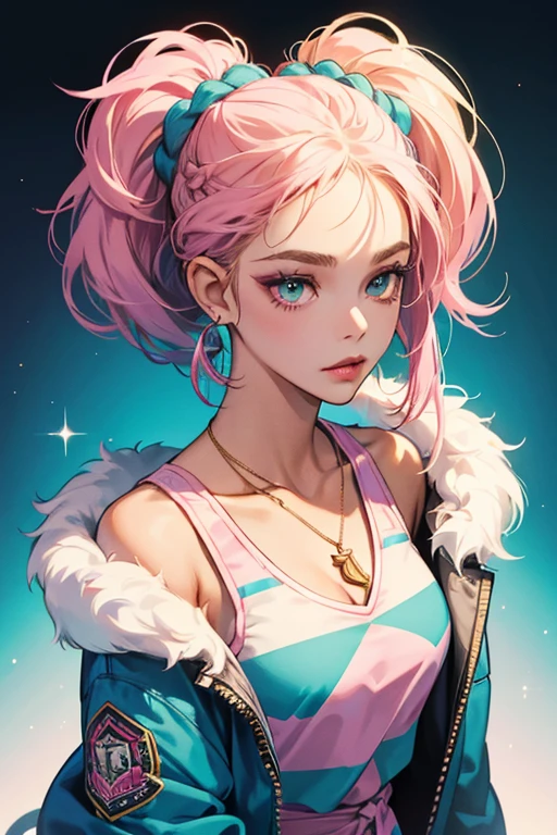 She is a thin, dark skinned girl. Her hair is tied into to ponytails, with many braids. She has minimal makeup, with gold eyeshadow. She also has a plum colored lipstick she wears, that is glossy. Her tail is almost identical to Jordie’s, having a tie at the top. She has a striped pattern on her tail, that consists of teal, pink, and white. She wears a stripe face that has pink, white, and teal stripes. She wears dangly Pom Pom earrings, and she wears a chain heart necklace. She also wears a tank top with a casual jacket with fur at the cuffs over her tank top. . SPARKLE; GLITTER

