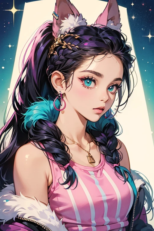 She is a thin, dark skinned girl. Her hair is tied into to ponytails, with many braids. She has minimal makeup, with gold eyeshadow. She also has a plum colored lipstick she wears, that is glossy. Her tail is almost identical to Jordie’s, having a tie at the top. She has a striped pattern on her tail, that consists of teal, pink, and white. She wears a stripe face that has pink, white, and teal stripes. She wears dangly Pom Pom earrings, and she wears a chain heart necklace. She also wears a tank top with a casual jacket with fur at the cuffs over her tank top. . SPARKLE; GLITTER