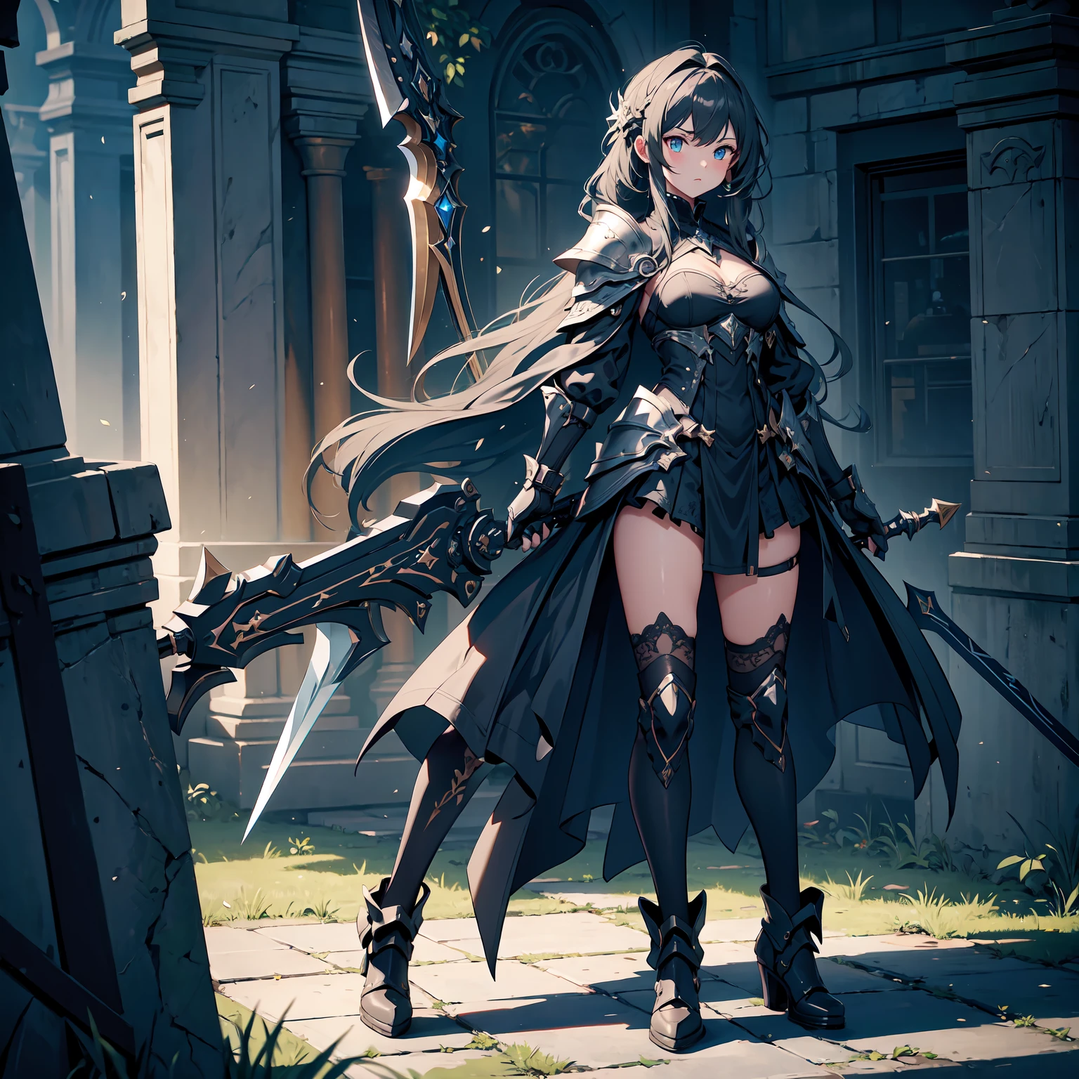 
(((masterpiece, best quality, high detailed, 8k))) Design a layout showcase Gaming character, (1girl). Black|Gold clothes, stylish and unique. ((showcase weapon:1.4)), dark scythe. (masterpiece:1.2), (best quality), 4k, ultra-detailed. (Step by step design, layout art:1.5), (luminous lighting, atmospheric lighting). necromancer, ((glove full hands)), (((revealing clothes:1.3))), vambraces, armored legwear, (((full_body_shot:1.4))). {In a haunted graveyard}.