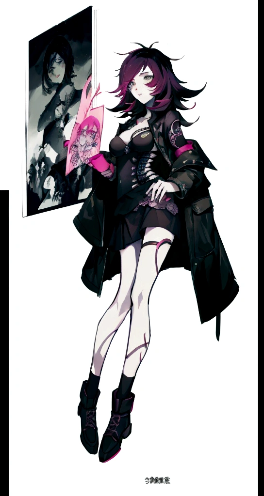 A drawing of a woman with a short skirt and jacket, Carnicero Kaethe, Shohei Otomo, neuromancer molly, molly from the neuromancer novel, in Carnicero Kaethe, black and white manga style, urban girl fanart, By Kentaro Miura, inspired by Tomer Hanuka, anime full body illustration, Black ink line art