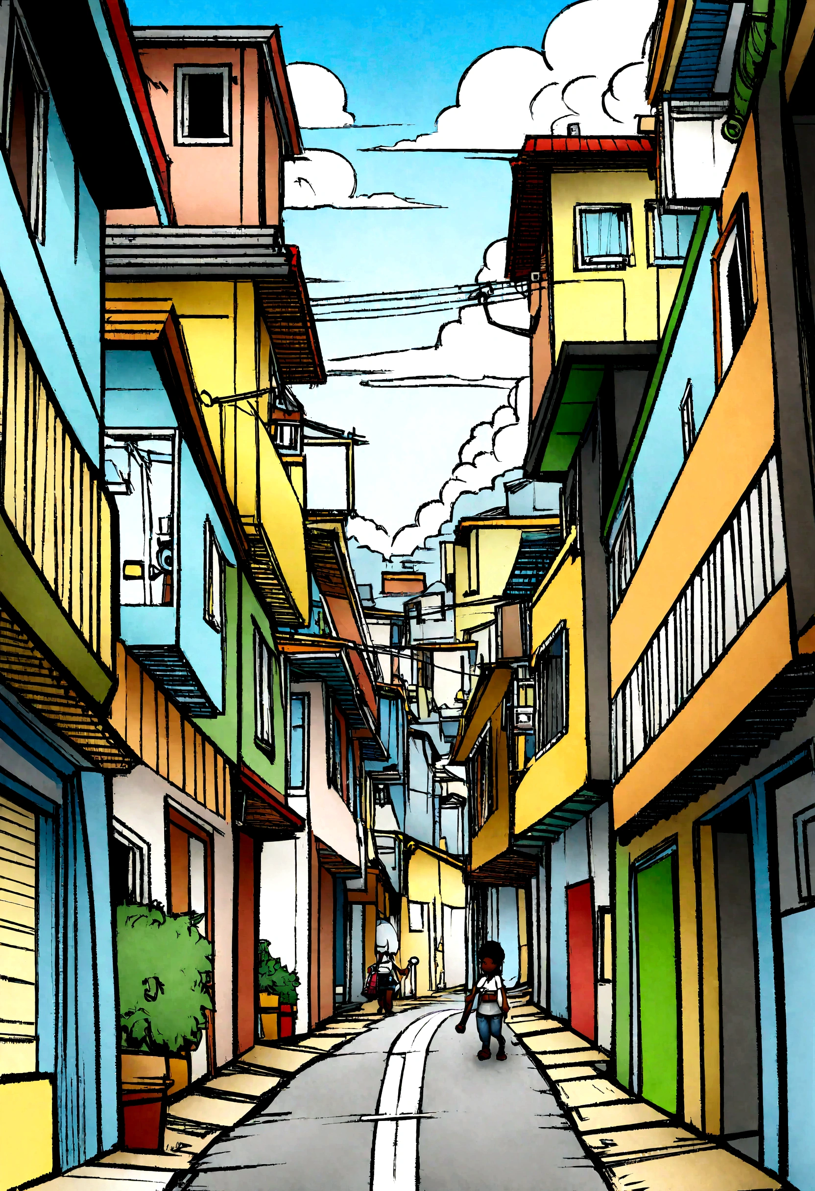 ((animated cartoon)), (panoramic illustration), 2 black children, white shirt, jeans, on the way to school in the favela of Rio de Janeiro, digitl art, cryalism, criolism