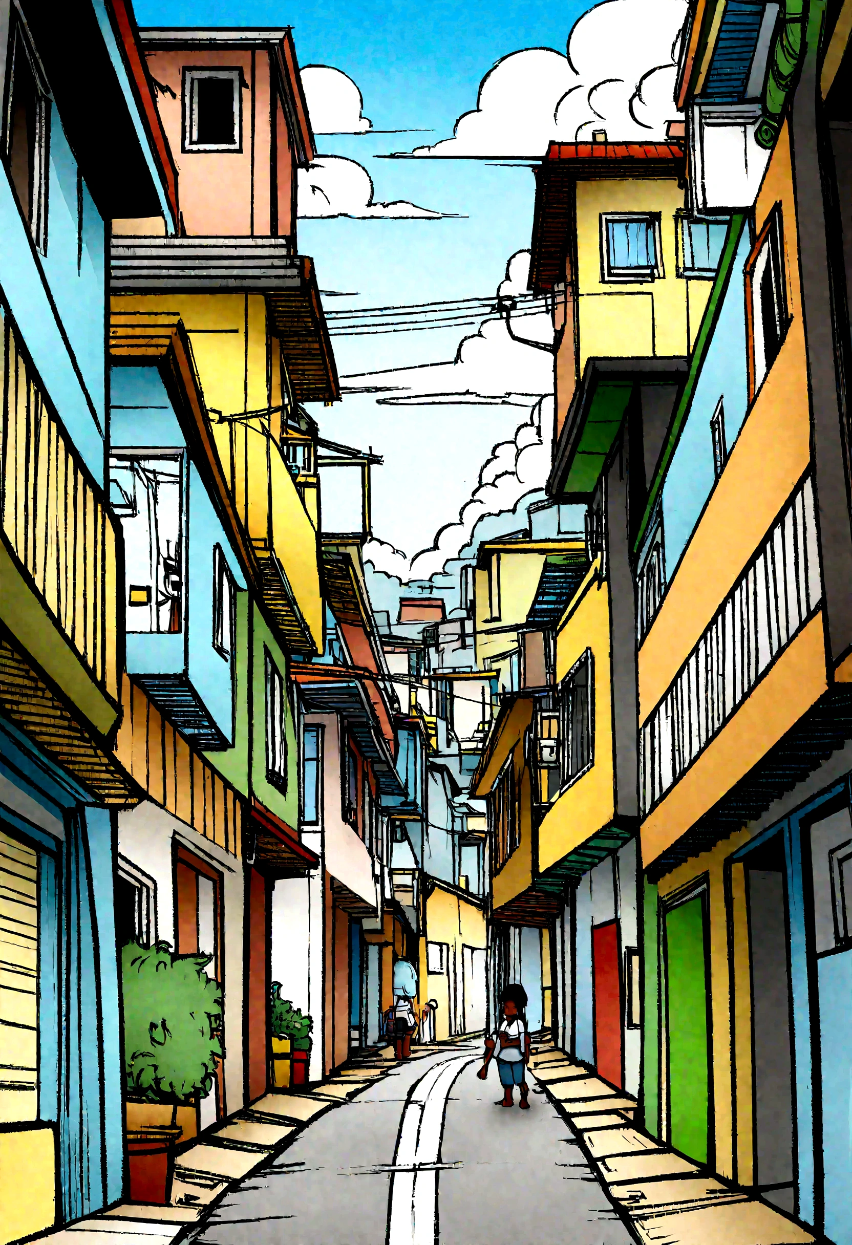 ((animated cartoon)), (panoramic illustration), 2 black children, white  shirt, jeans, on the way to school in the favela of Rio de Janeiro, digitl art, cryalism, criolism