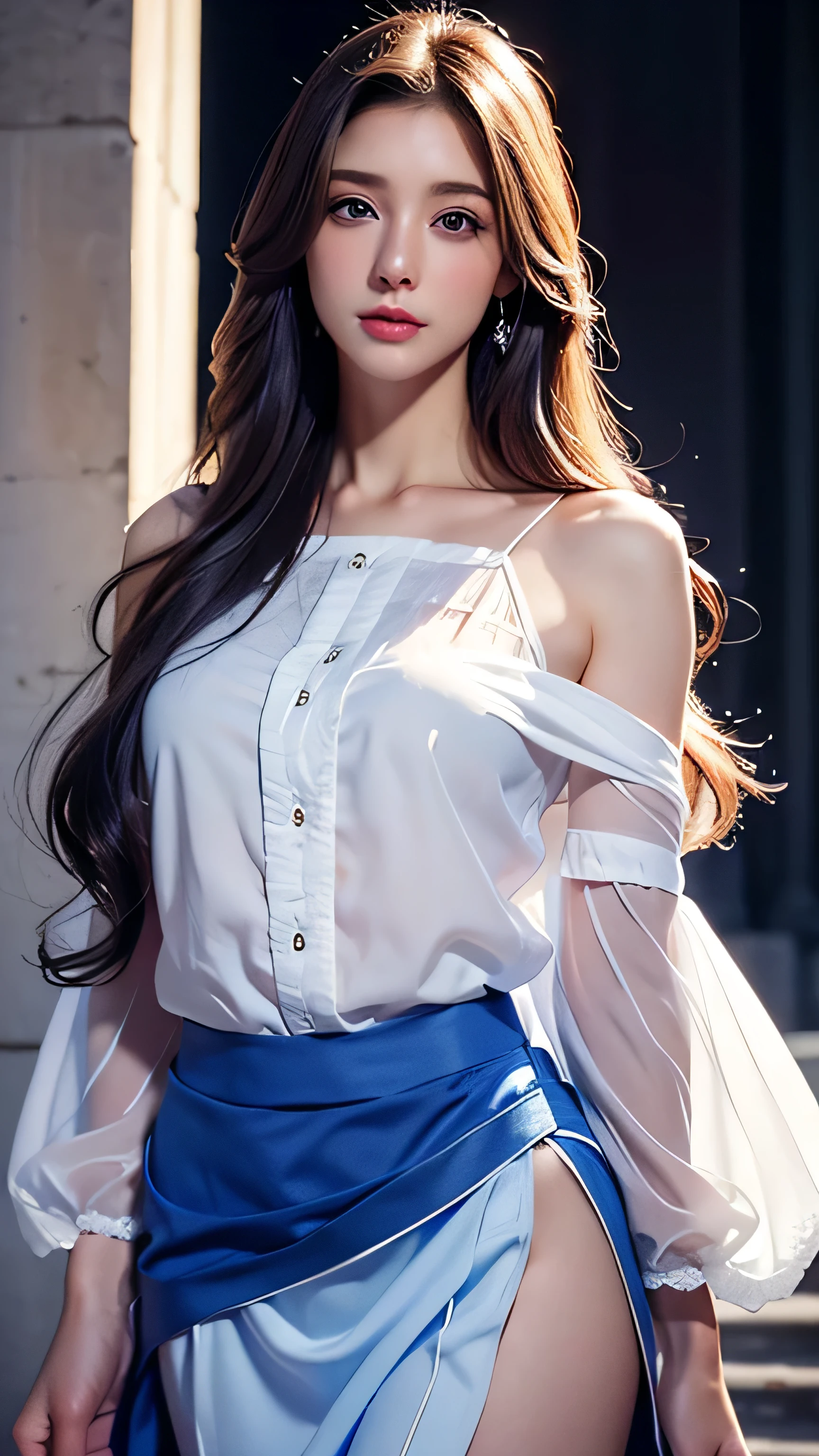 blue eyes、bionde hair、Full body photo、Sexy Face、Long straight hair_Hair reaching down to the waist、 Complete look、(((masterpiece)))、((Highest quality))、((超Realistic))、Mature woman、Mature woman、perspective、Very detailed、The perfect temptation、Best image quality、Fine-grained image quality、beautiful、Europe, woman, French, woman Italian, Italian, smile、blue eyes、jewelry, blue eyes, Realistic, High resolution, Glowing Skin, (Detailed face),jewelry, , night, bionde, Wavy Hair,Attractive appearance, Wearing white crisp shirt_long see-through sleeves、blue flared mini skirt