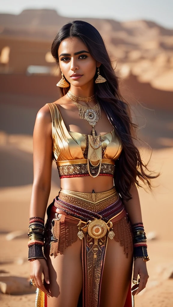 fking_scifi, fking_scifi_v2, portrait of a young, seductive, extremely beautiful and attractive Arabic woman, in front of a city in the desert, long messy hair, rich colorful clothes and golden jewelry, close up, regal pose and attitude. fking_cinema_v2.