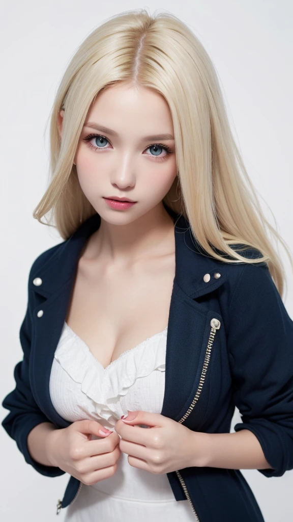 (((forehead、White Blonde Hair、Northern Europe、White people、beautiful girl、Blonde、White background、open jacket、lender )))、table top, highest quality, figure, super detailed, finely, High resolution, 8k wallpaper, Perfect dynamic composition, detailed and beautiful eyes, Deco out,bionde, medium hair, big breasts, Natural color lip,white background, random cute poses,frill dress