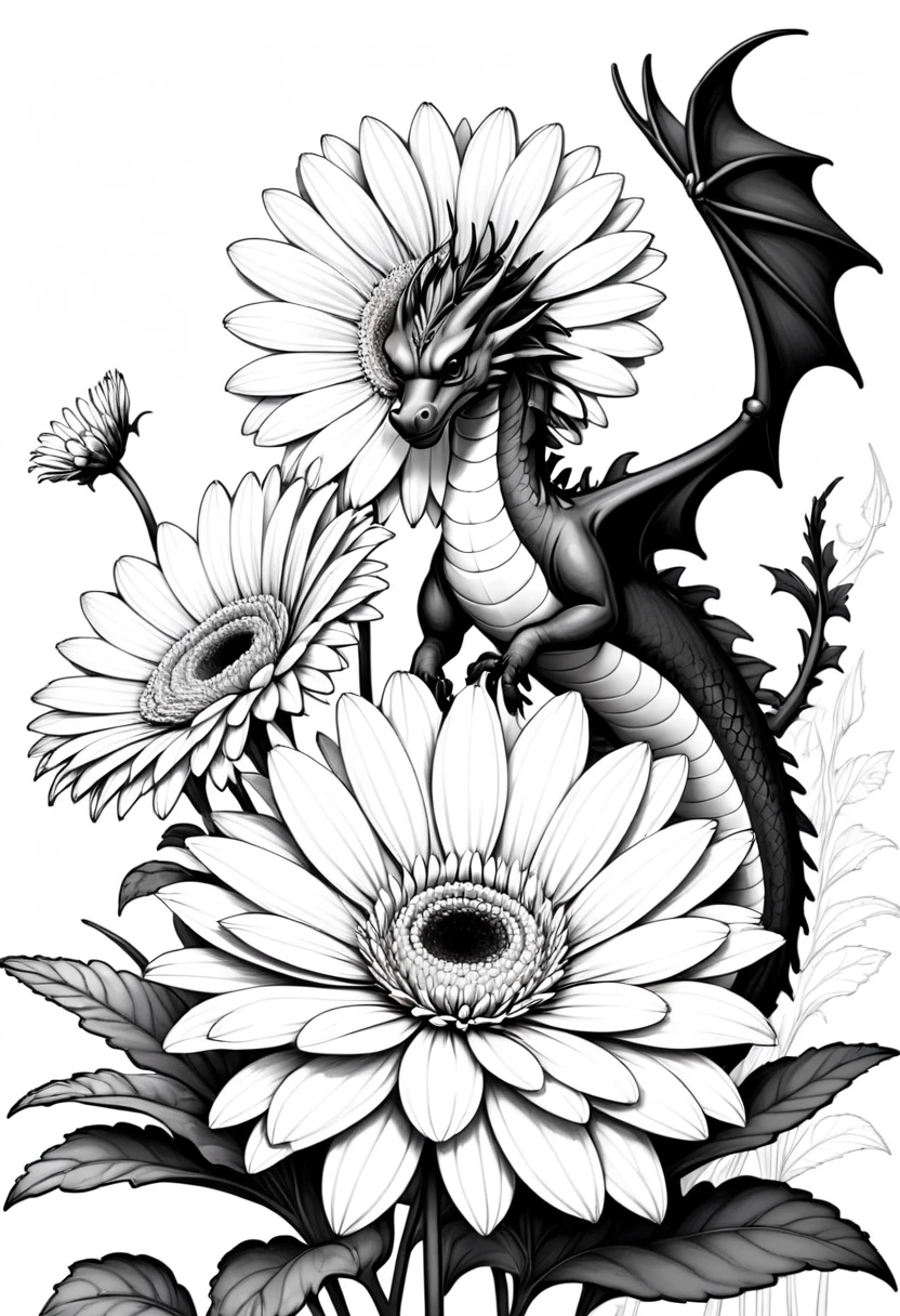 thin line drawing without shading and without black areas, gerbera and flydragon drawing, On white background, monochrome, black andwhite, no shadows, white background