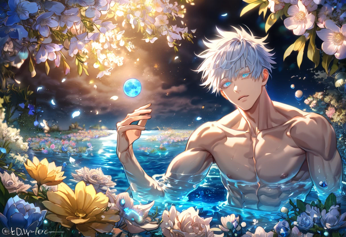 absurdres, highres, ultra detailed, HDR, master piece, Gojou Satoru, white hair with bangs, expressive blue eyes, white eyelashes, without shirt, Jujutsu Kaisen, sexy man, handsome, best quality, blue moon, flowers, fantasy, magical, solo, water, blue shining fireflies, blue petals, toned chest, bare chest,