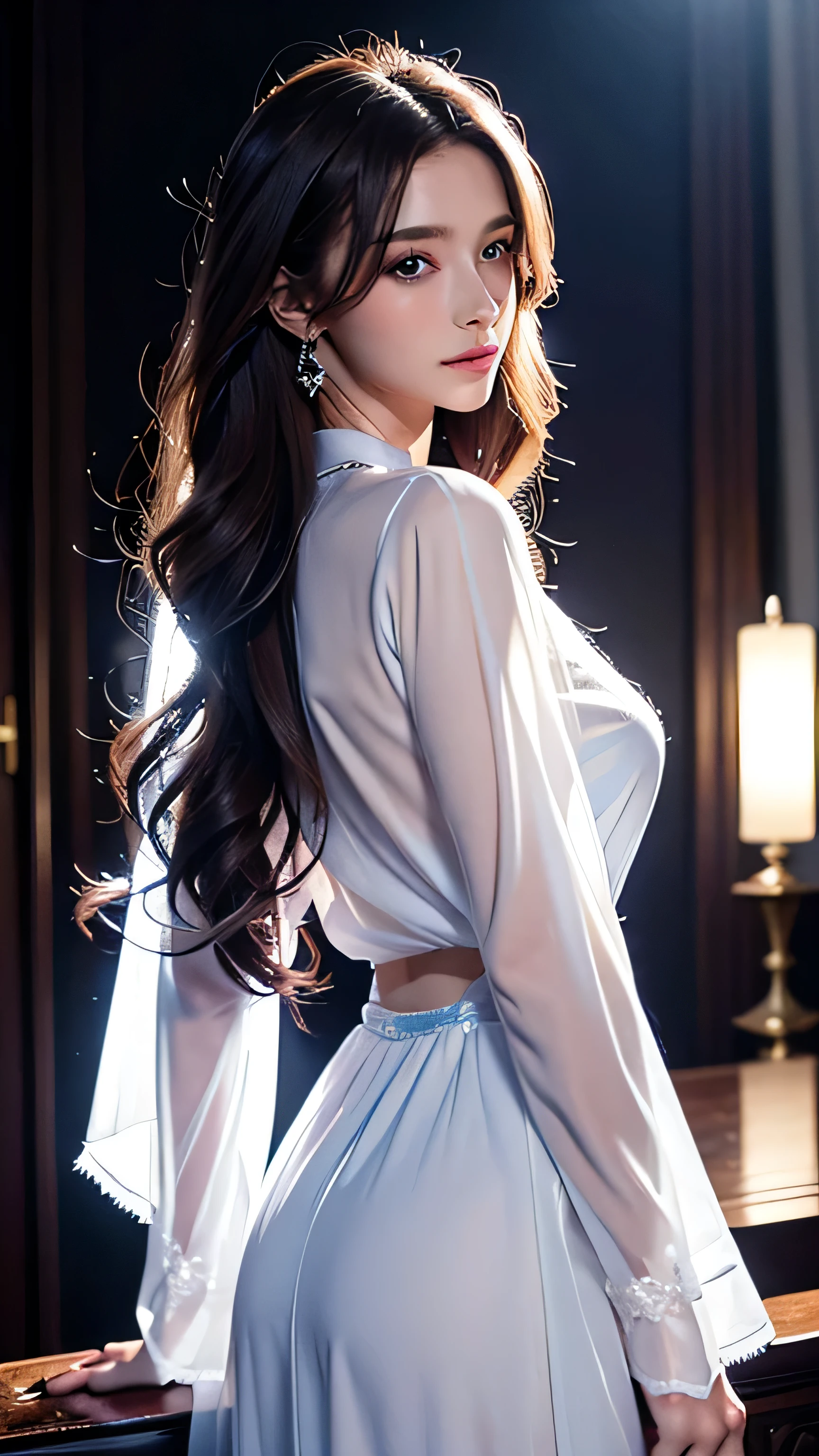 blue eyes、bionde hair、Full body photo、Sexy Face、Long straight hair_Hair reaching down to the waist、 Complete look、(((masterpiece)))、((Highest quality))、((超Realistic))、Mature woman、Mature woman、perspective、Very detailed、The perfect temptation、Best image quality、Fine-grained image quality、beautiful、Europe, woman, French, woman Italian, Italian, smile、blue eyes、jewelry, blue eyes, Realistic, High resolution, Glowing Skin, (Detailed face),jewelry, , night, bionde, Wavy Hair,Attractive appearance, Wearing white crisp shirt_long see-through sleeves、blue flared mini skirt