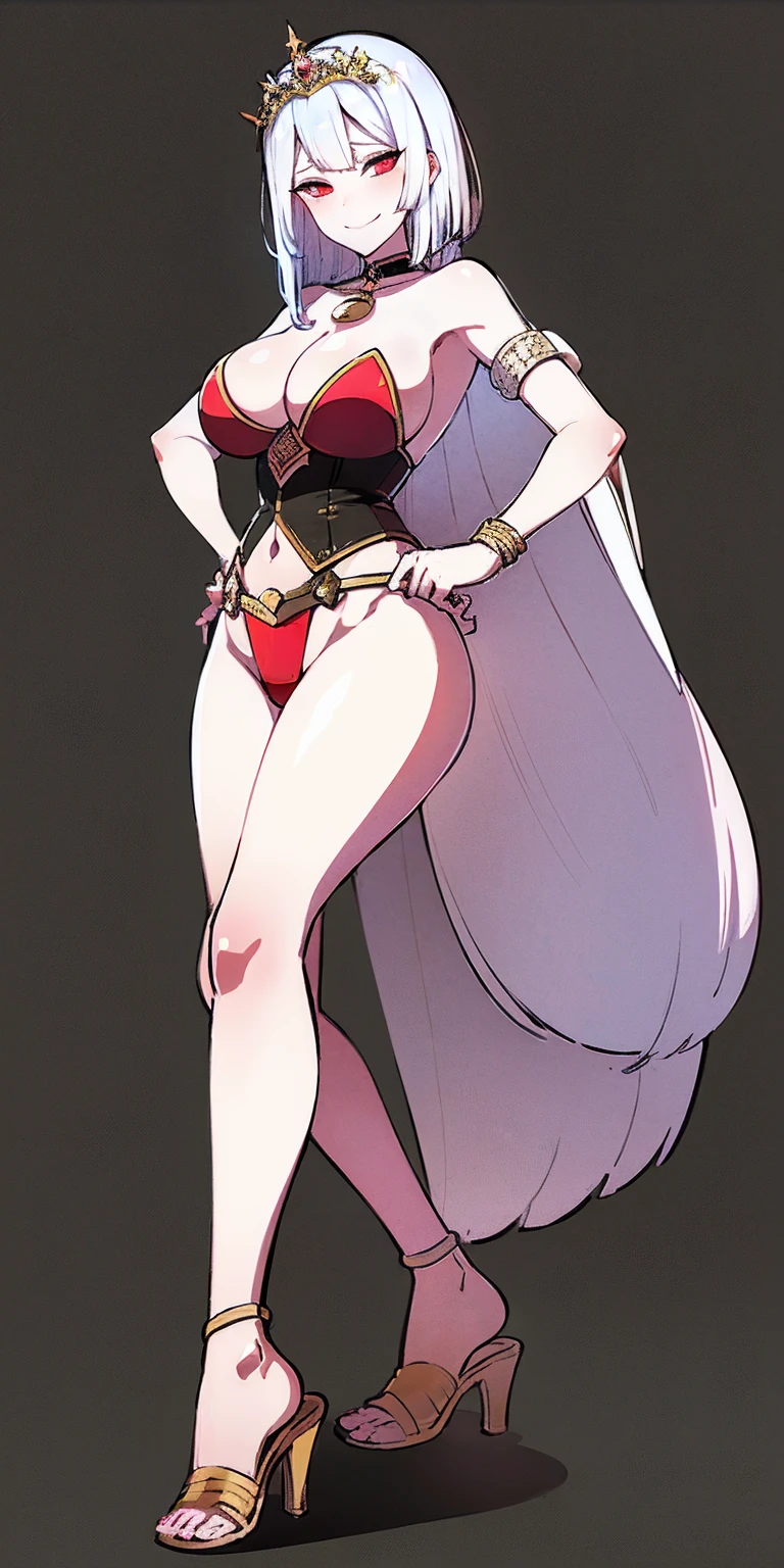 ((BLACK BACKGROUND,1:2, masterpiece)) full body MILF BIMBO standing with two long thighs and two metal sandals, red eyes, two-tone hair, brown hair, silver white hair, short bob style hair, big breasts, cleavage, separate sleeves, tiara royal, long cape up to two feet, yellow bikini, hands on waist, navel, toned body, lustful smirking smiling, smile face (red blushed, red cheeks), metal shoulders, gold sleeveless armbands, black leather choker slave collar (leather choker with big golden bell), shackle bracelets, red crest, pauldrons, breastplate, leather corset, eye focus, full body, whole body, 1solo, loincloth standing, hands on hips, big belt, view from below, feet together, bracers, tiara)