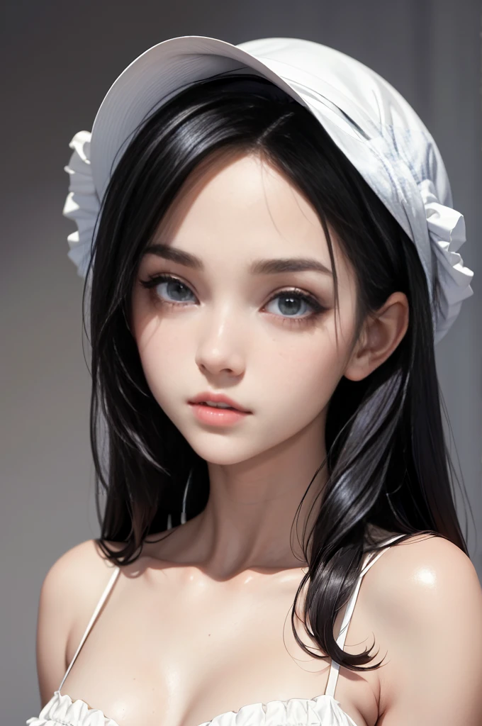 (best quality, masterpiece, perfect face) black hair, 18 years old pale girl, big bust, white sundress, big white hat