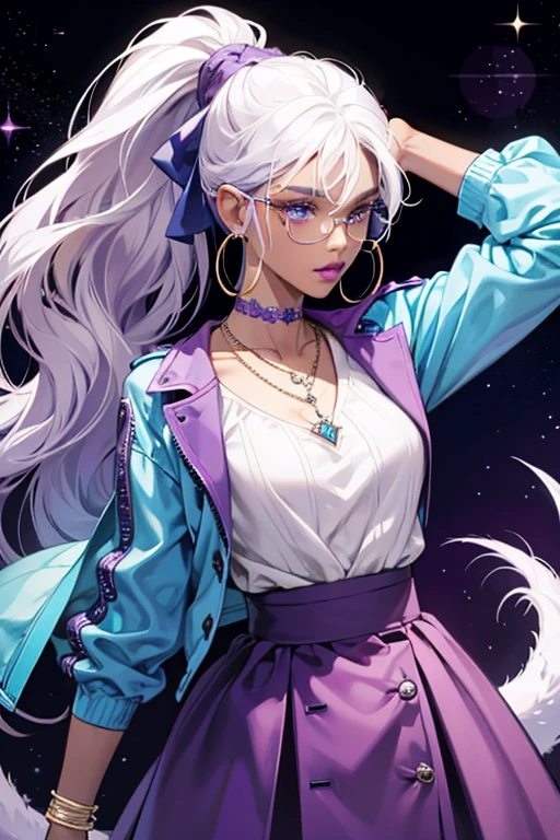 Crystalbella is a dark skinned girl with a thin build, blue eyes, and brown eyebrows. She has ombré blue to purple lipstick, white hair tied into a ponytail, and long eyelashes.
She wears a dark, sparkly knitted top with white arm cuffs. She has large hoop earrings and a chocker necklace, and she occasionally wears glasses and a jacket. Her fin is crystal in a purple color, and the tail is a bit clear. SPARKLE; GLITTER