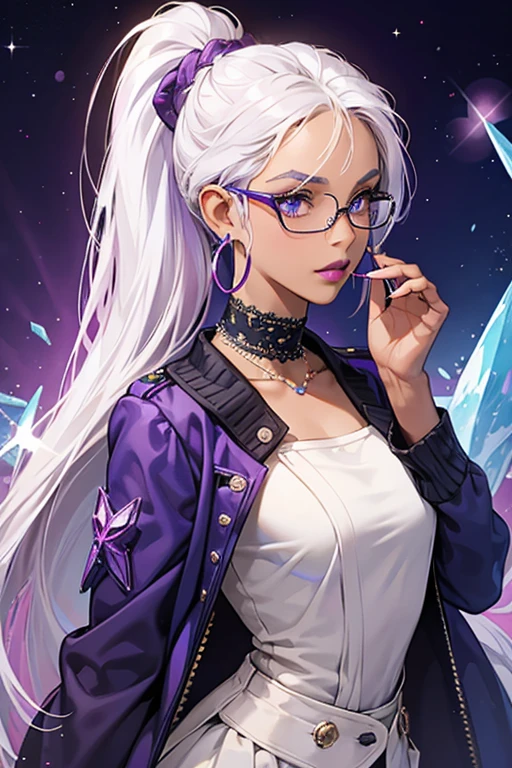 Crystalbella is a dark skinned girl with a thin build, blue eyes, and brown eyebrows. She has ombré blue to purple lipstick, white hair tied into a ponytail, and long eyelashes.

She wears a dark, sparkly knitted top with white arm cuffs. She has large hoop earrings and a chocker necklace, and she occasionally wears glasses and a jacket. Her fin is crystal in a purple color, and the tail is a bit clear.  SPARKLE; GLITTER
