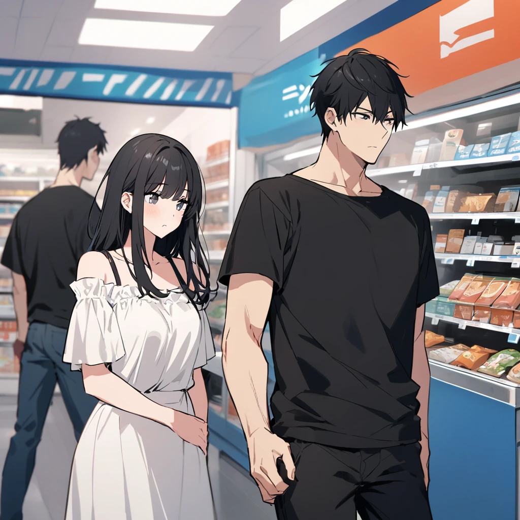 Couple convenience store 、The woman has straight black hair, and is wearing a white off-the-shoulder blouse.、The man has wearing a black T-shirt, whole body