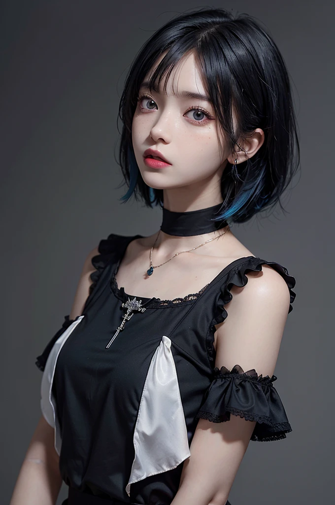 masterpiece, Highest quality,3dレンダリング作品 ,3dMMスタイル,close,Portraiture, 3d,One girl, alone, Multicolored Hair, Blue Hair, Black Hair, necklace, freckles, jewelry, Two-tone hair, Look to the side, Realistic, Upper Body, Simple Background, bangs, avert your eyes, short hair, parted lips, Iris, lips, Gothic, choker, compensate, Mole, black shirt, shirt, watermark