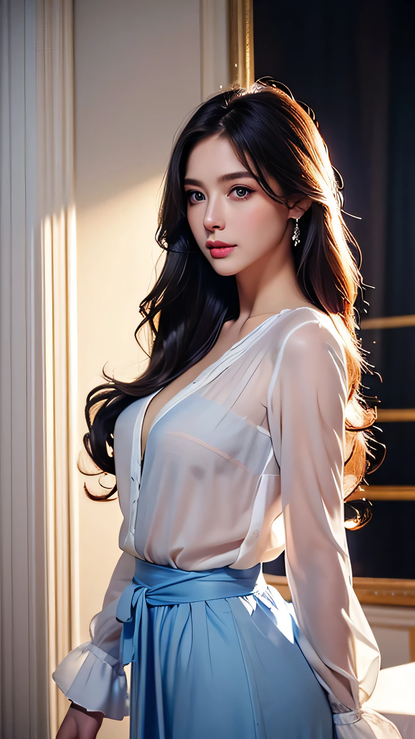 blue eyes、bionde hair、Full body photo、Sexy Face、Long straight hair_Hair reaching down to the waist、 Complete look、(((masterpiece)))、((Highest quality))、((超Realistic))、Mature woman、Mature woman、perspective、Very detailed、The perfect temptation、Best image quality、Fine-grained image quality、beautiful、Europe, woman, French, woman Italian, Italian, smile、blue eyes、jewelry, blue eyes, Realistic, High resolution, Glowing Skin, (Detailed face),jewelry, , night, bionde, Wavy Hair,Attractive appearance, Wearing white crisp shirt_long see-through sleeves、blue flared mini skirt