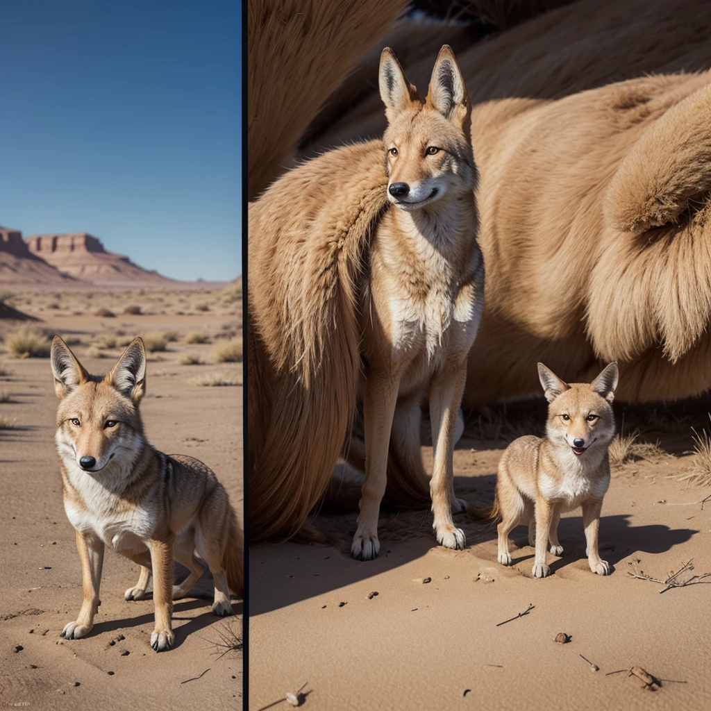 Picture divided into two parts: In one you see a photo of a coyote and in the other an illustration of the Chupacabra
