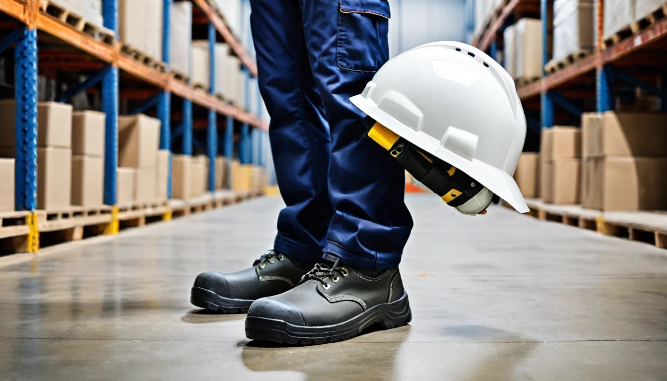 a pair of feet in safe work clothes high work shoes and hands carrying a white work helmet indoors, tool warehouse background