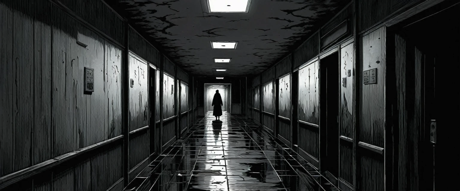 (best quality,4k,8k,highres,masterpiece:1.2),ultra-detailed,realistic:1.1,black and white,hatched lines,detailed linework in a Japanese line art style,creepy and eerie hospital corridor scene,jagged shadows,stark contrast between light and dark,gritty texture,ominous mood,distorted perspective,subtle hints of blood,horror manga-inspired ,ominous aura surrounding the room,spooky ambiance,subtle hints of paranormal activity,unsettling atmosphere,ghostly figures lurking in the shadows.
