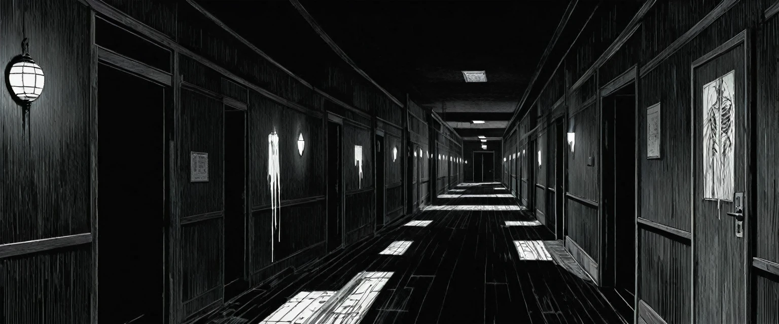 (best quality,4k,8k,highres,masterpiece:1.2),ultra-detailed,realistic:1.1,black and white,hatched lines,detailed linework in a Japanese line art style,creepy and eerie hospital corridor scene,jagged shadows,stark contrast between light and dark,gritty texture,ominous mood,distorted perspective,subtle hints of blood,horror manga-inspired ,ominous aura surrounding the room,spooky ambiance,subtle hints of paranormal activity,unsettling atmosphere,ghostly figures lurking in the shadows.