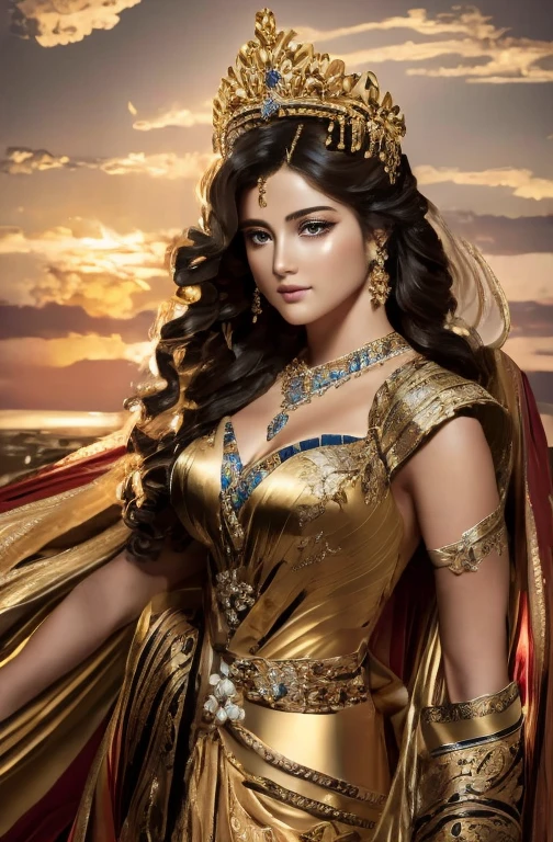 Absurd, ultra-detailed, high quality, masterpiece, detailed face, beautiful eyes(detailed eyes), Greek mythology, Goddess, Hera , the queen of the gods, striking and captivating, features are classically beautiful, with high cheekbones, a perfectly proportioned face, eyes depicted as large and captivating, hold an intense gaze, golden hair , Gole hair is luxuriant and flowing, cascading down her back in waves , wearing elegant robes adorned with intricate patterns , Her beauty is not merely superficial but embodies the essence of power, authority, and regality.