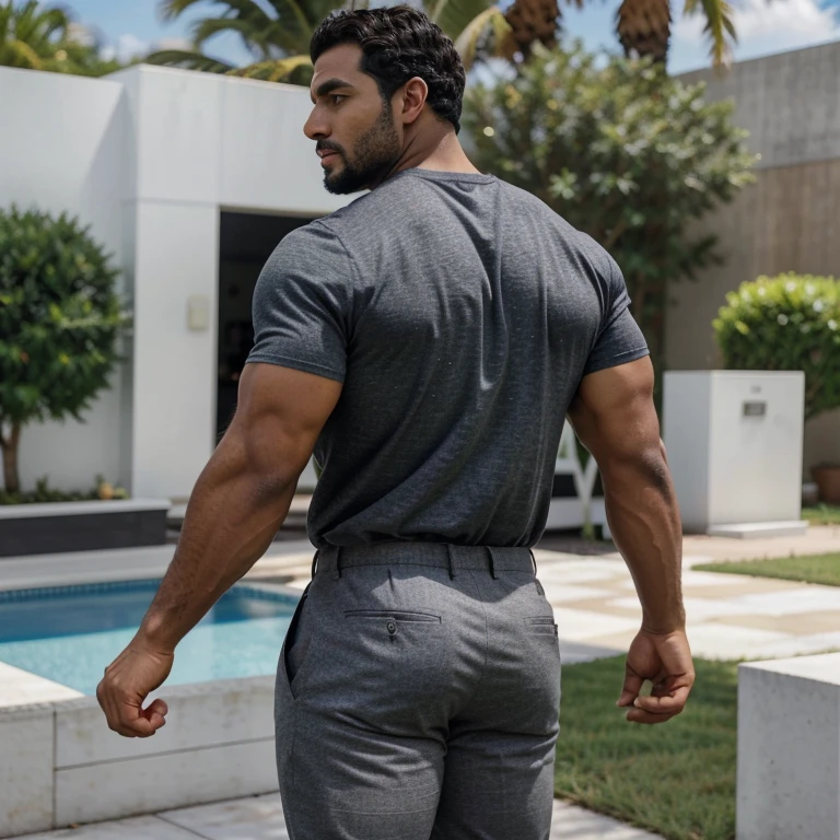 A Hispanic black man with a face that looks like Henry Cavill. black man, His body is muscular and he has a toothed beard.. Big Booty, in a moment of reflection. full body. Fajada shirt, semi formal clothing, grey pants, backside.