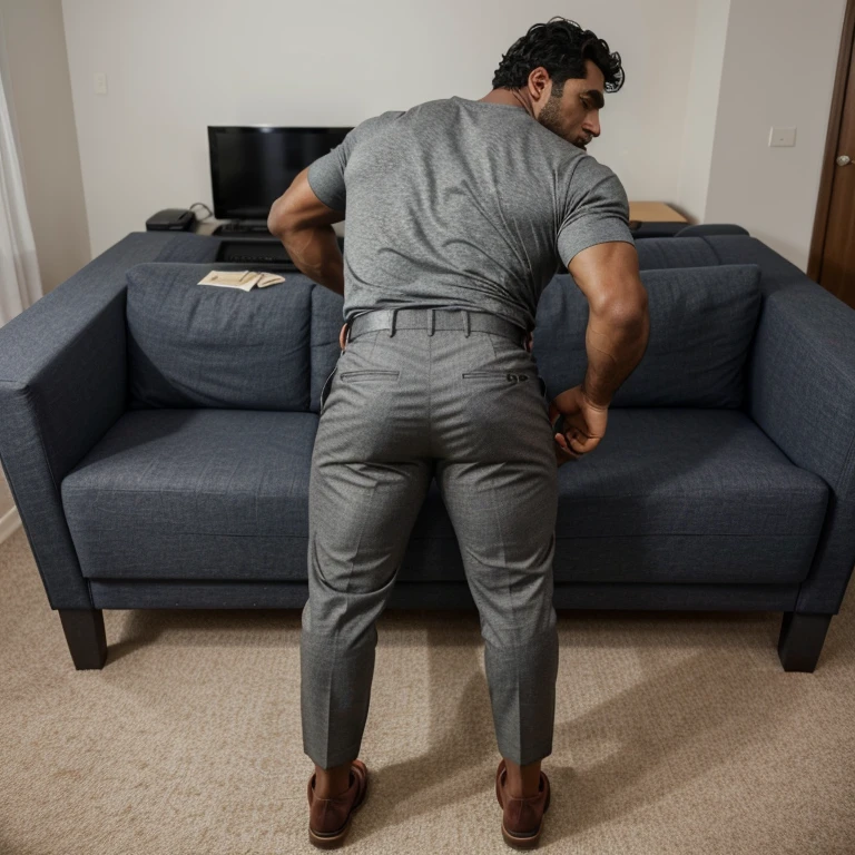 A Hispanic man with a face that looks like Henry Cavill. black man, His body is muscular and he has a toothed beard..  Huge , sexy in a moment of reflection. full body. Fajada shirt, semi formal clothing, silver pants, backside. 